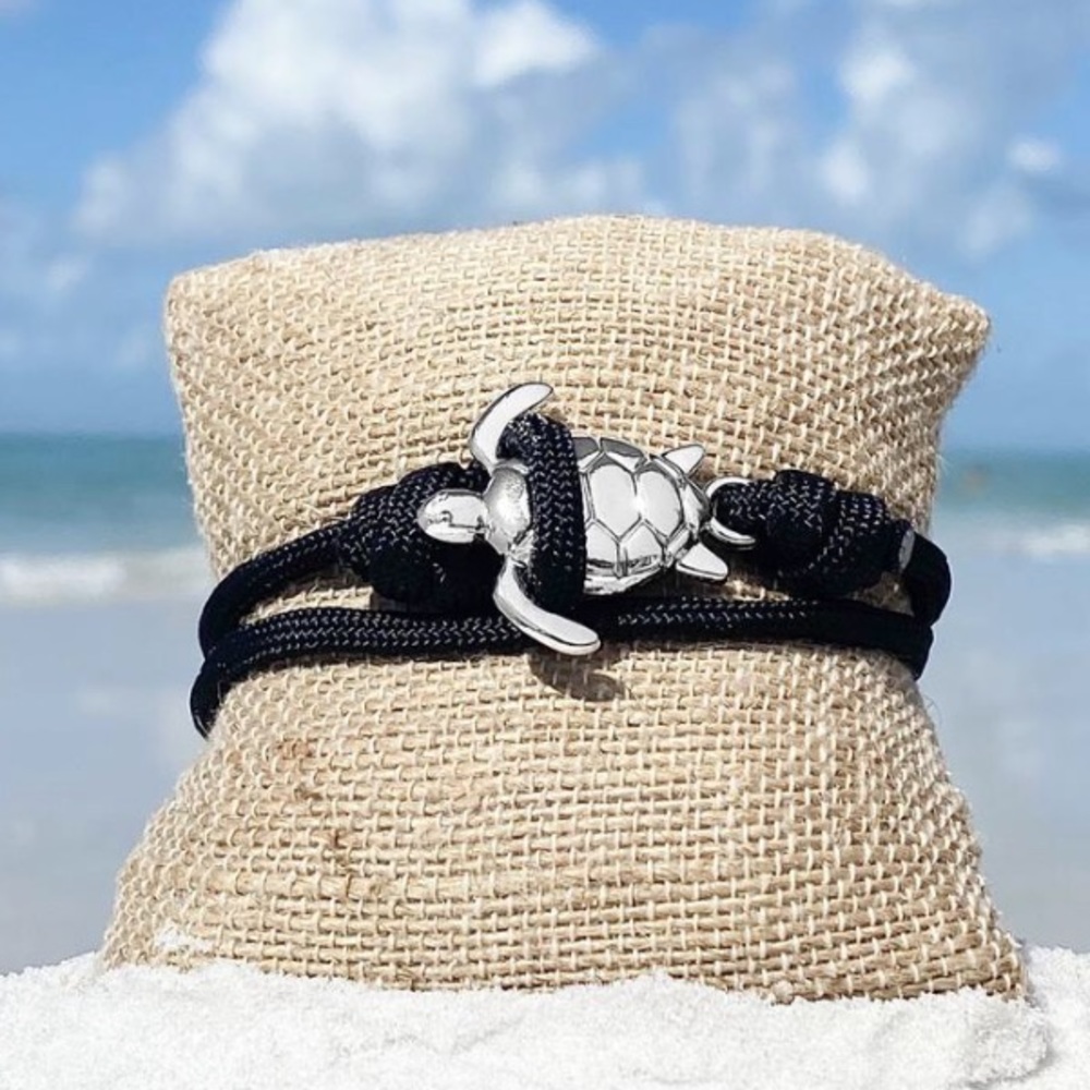 🎁 2 LEFT‼️ NEW 🏝 SILVER-TONE SEA TURTLE BLACK KNOTTED ROPE BRACELET One Size - Picture 4 of 5